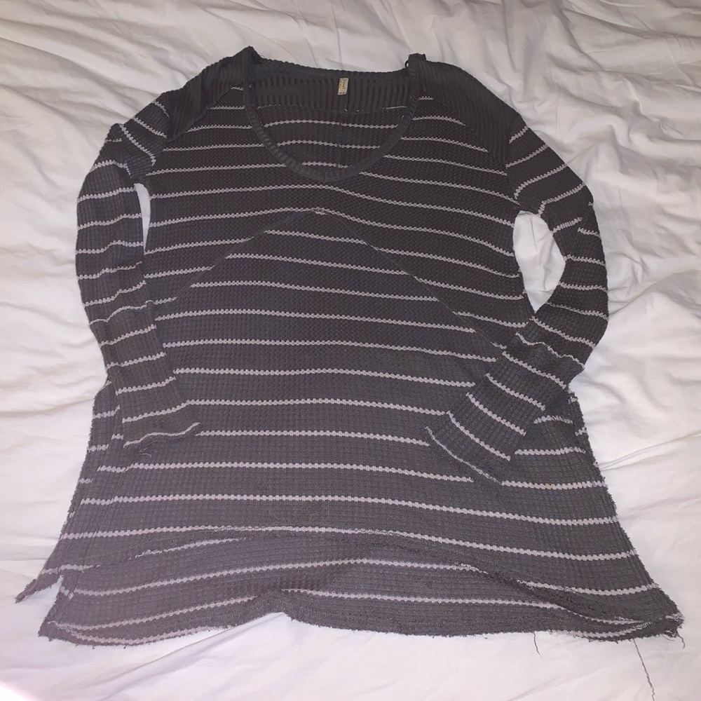 Free People Sunset Park Sage Green Oversized Striped Waffle Thermal Tunic - Picture 6 of 13